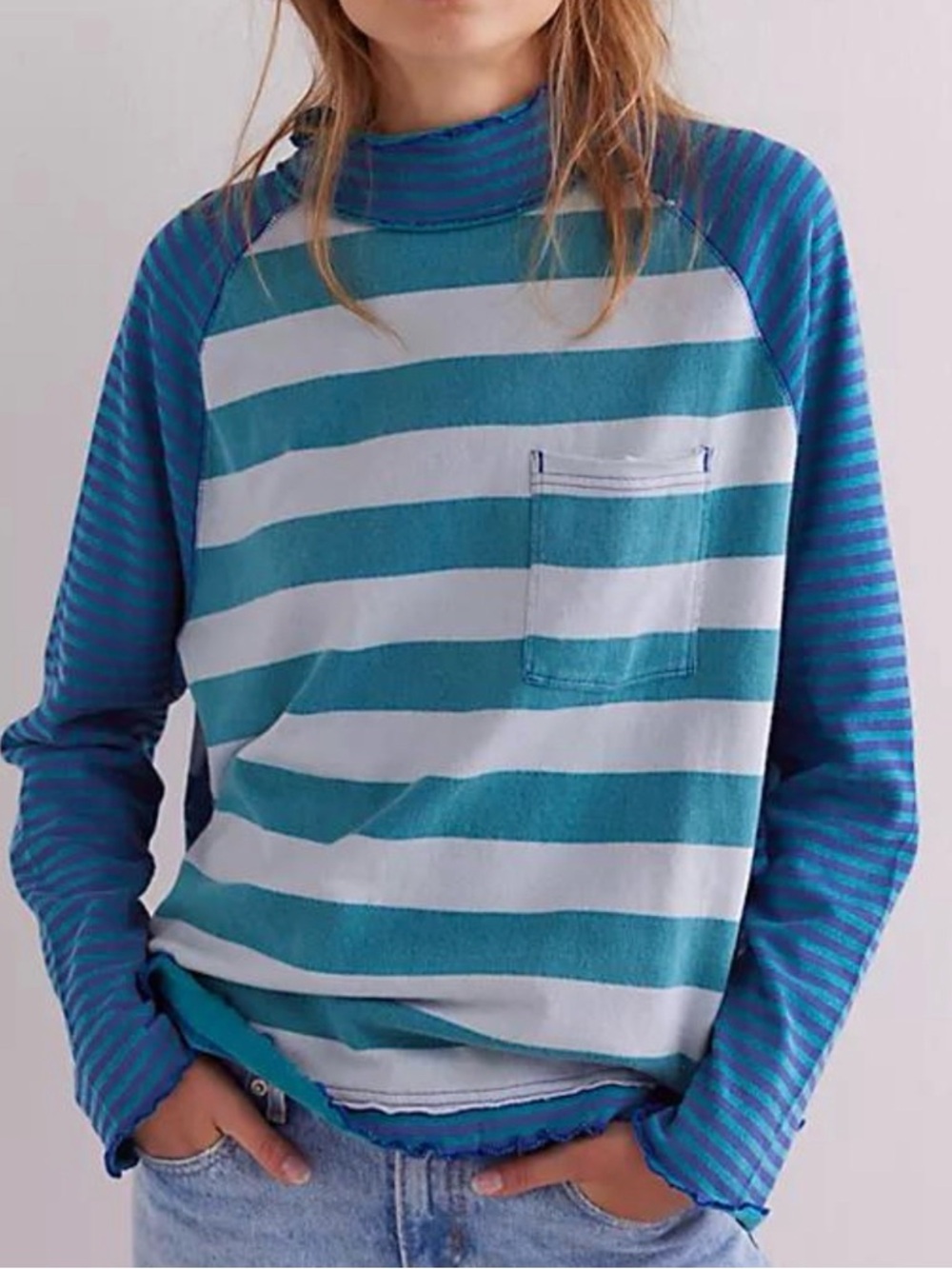We The Free Striped Teal and White Long Sleeve Top
